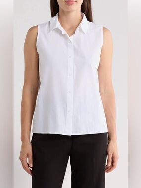 Eileen Fisher 100% Organic Cotton Sleeveless Button Up Shirt,Size-Large